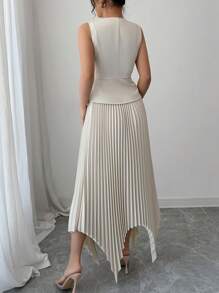 Elenzga Robe élégante et décontractée de style européen, à encolure en V, volant à la taille et ourlet asymétrique en forme de A. Tissu confortable adapté aux usages quotidiens, domicile-travail et polyvalents - Nude - Voir 2