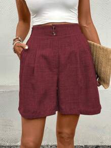 SHEIN Clasi Women's Plain Pleated Pocket Casual Versatile Shorts - Burgundy - View 6