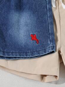 Souflis Souflis 3件套买1送2 小男孩牛仔短裤和2条带刺绣小装饰的编织休闲短裤，适合日常穿着、学校、户外、春夏季