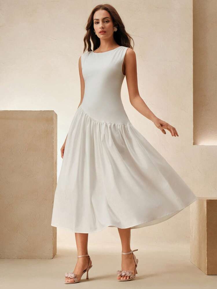 Women's White Dress Sleeveless A-Line Elastic Waist Elegant Business Casual Holiday Festival Date Night Graduation Midi Dress