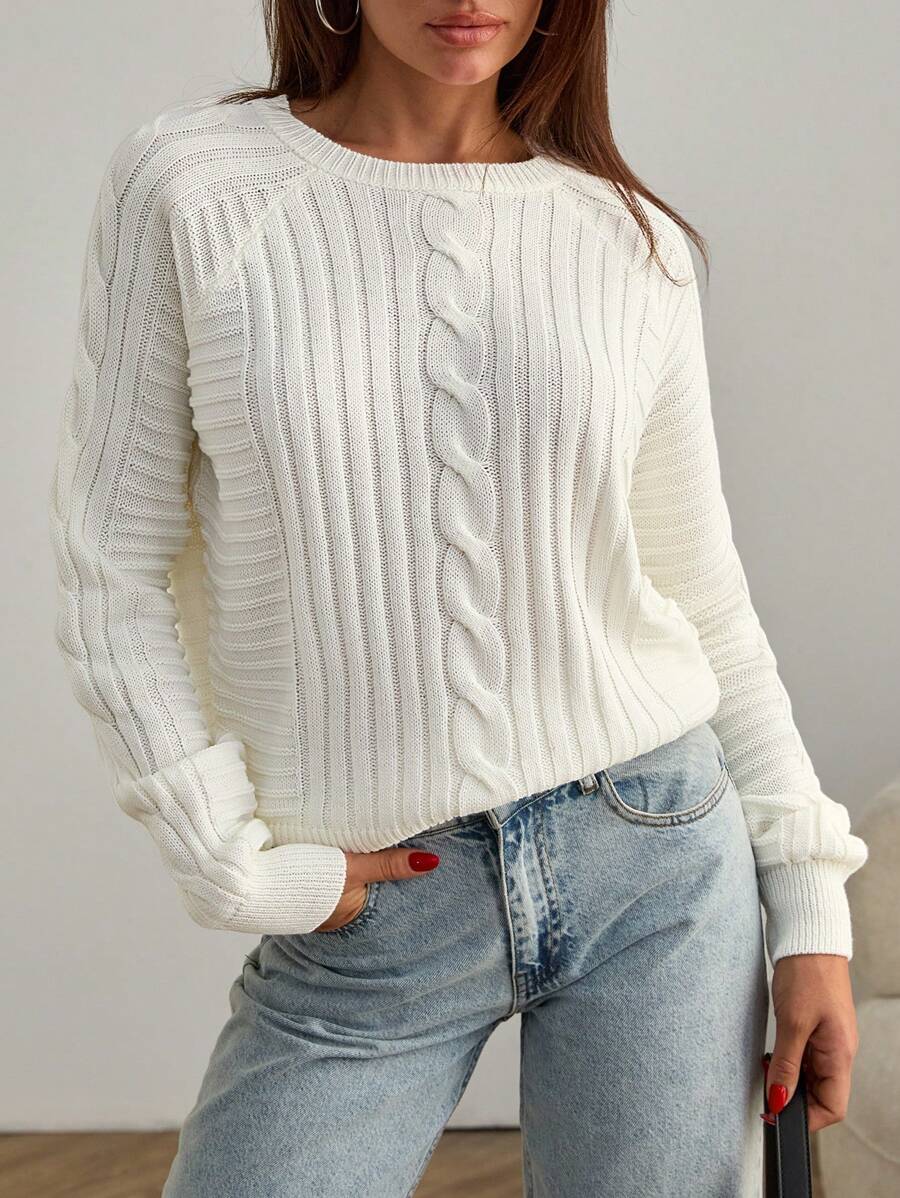 SHEIN White Cable Knit Sweater – Crew Neck Loose Fit Textured Knitwear Pullover #CableKnit #OversizedStyle #WinterFashion,Jumper,Cream Jumper,Jumpers For Women,Jumpers,Black Jumper,Womens Jumper,Women's Jumper,Women's Jumpers