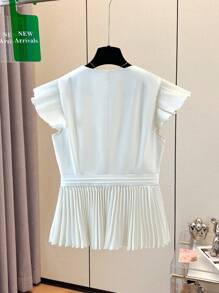 Franclia Elegant V-Neck Cap Sleeve Button Down Pleated Solid Color Blouse, Spring/Summer - Apricot - View 2