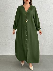 EMERY ROSE 大码纯色 V 领前扣休闲长袖连衣裙长款女装 - 綠色 - 查看 4