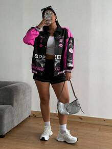 POPSWAY Plus Size Women's Pink Stylish Letter Print Patchwork Drop Shoulder Long Sleeve Jacket Winter Fall Autumn - Hot Pink - View 8