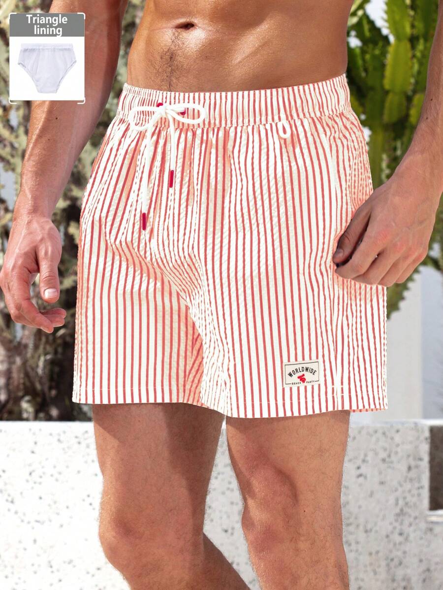 Manfinity Swimmode Men's Striped Printed Applique Drawstring Waist Pocket Casual Shorts - Orange - View 1