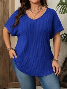 EMERY ROSE 大码女式蓝色V领罗纹拉绒宽松度假上衣日常休闲春夏春假 - 寶藍色 - 查看 5