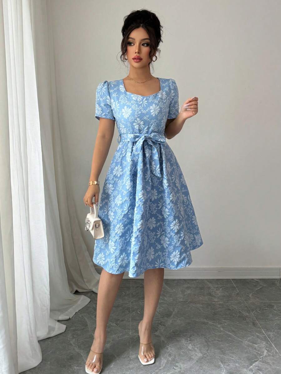 Elenzga Đầm midi thiết kế ôm sát tinh tế, tay ngắn, chất liệu vải jacquard màu xanh lam thanh lịch dành cho nữ - Màu xanh lam - Xem 1