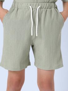 SUMWON Summer Collection Textured Two-Piece Shirt And Shorts Set Breathable Waffle Fabric Button-Down Casual Beach Holiday Spring Set - Olive Green - View 5