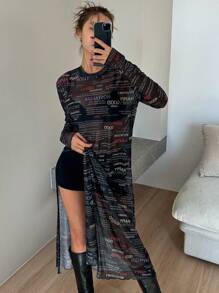 DAZY 女士圆领撞色字母印花透视网眼拼接宽松休闲长袖街头风套头衫