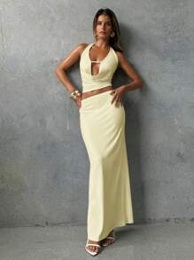 Aloruh 2pcs/Set Women Solid Color Halter Neck Draped Vest And Pleated Skirt Set Honeymoon Outfits Woman - Yellow - View 7