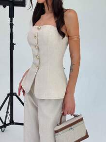 Firerie Women 2 Pieces Set Elegant Minimalist Metal Button Bandeau Top And High Waist Wide Leg Pants In Khaki, Suitable For Office, Leisure, Vacation - Khaki - View 6