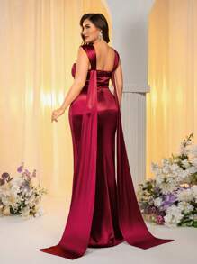 SHEIN Belle Plus Size Elegant Simple Romantic Satin Ribbon Maxi Bridesmaid Dress - Burgundy - View 7
