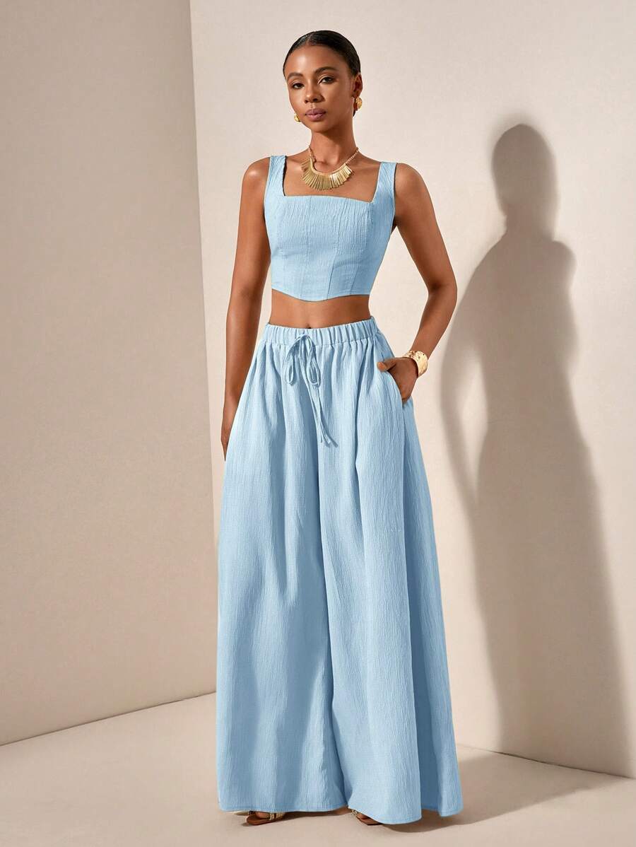 Zivah 2pcs Spring/Summer Vacation Casual Fishbone Straps Crop Top And Wide Leg Pants With Pockets Set - B, Textured Fabric Island Vacation Outfits - Blue - View 1