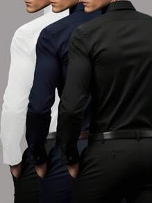 Calvornis 3件装男士时尚休闲商务通勤立领纯色纽扣长袖衬衫，男士正装衬衫，男士纯色衬衫。适合日常穿着、通勤、外出、派对，可搭配西装裤或西装套装出席派对、婚礼、蜜月等场合。可作为礼物送给儿子、丈夫、男朋友、父亲。秋季服装 - 彩色 - 查看 2