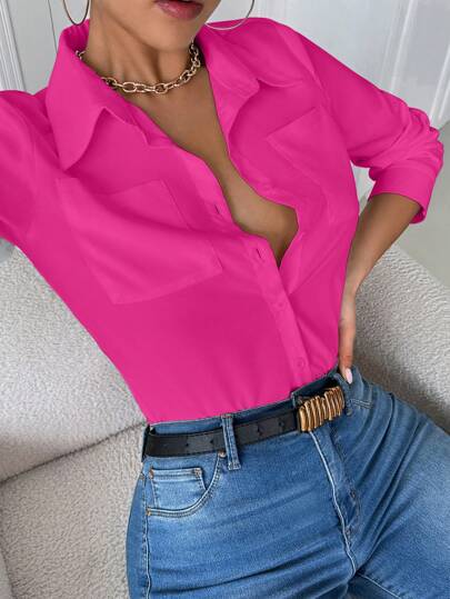 INAWLY 休闲领口袋修身白色长袖女式衬衫女式衬衫