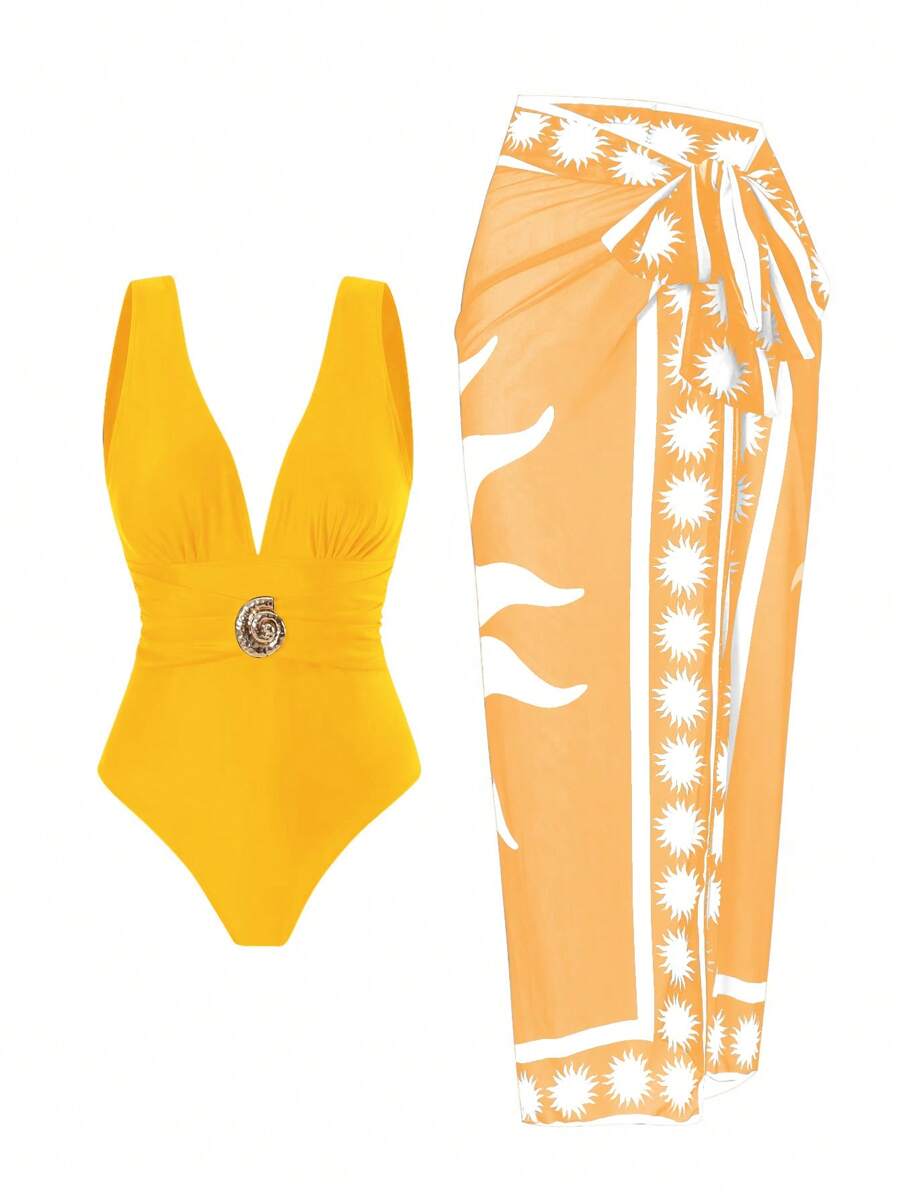 Swim Oasis 2025 Women New One-Piece Swimsuit With Printed Mesh Long Skirt, Beach Resort Summer Casual Swimwear Set - Multicolor - View 1