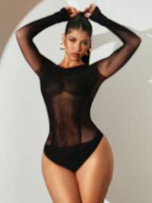 Sirith Women's Hollow Out Mesh Round Neck Long Sleeve Sexy Bodysuit