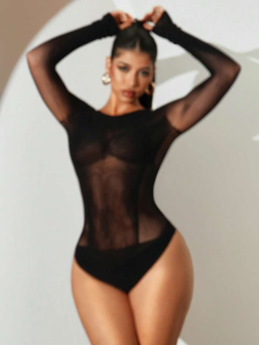 Sirith Women's Hollow Out Mesh Round Neck Long Sleeve Sexy Bodysuit