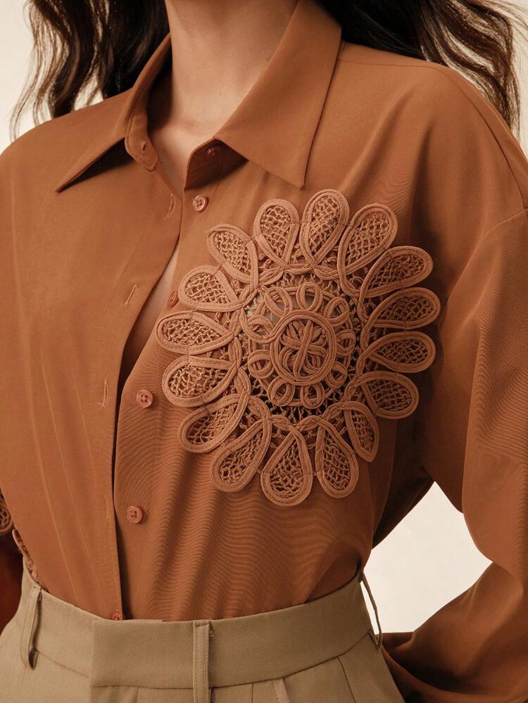 Women's Elegant Casual Hollow 3D Flower Marla Color Lapel Satin Shirt , Spring For Women Going Out, Vacation , Festival