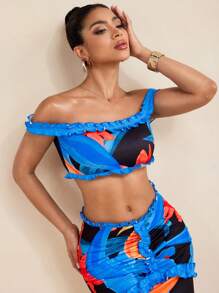 LUNA B 花卉印花荷叶边露肩短款上衣女式性感夏日度假海滩 - 彩色 - 查看 5