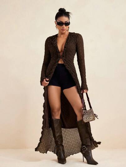 LUNA B Dark Brown See-Through Ruffled Long Trumpet Sleeves High Slit Slim Sexy Maxi Dress Suitable For Parties Semi-Formal Occasions Vacation Outfits Women Resort Wear Resort Outfits Women Beach Outfits For Woman Resort Wear Women Summer Set