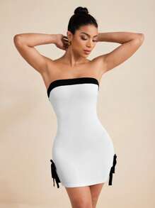 LUNA B White Black Contrast Color Bow Detail Strapless Mini Dress Women Sexy Summer Vacation Sundress Dresses For Women Elegant Women Mini Dresses