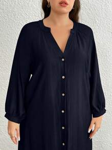 SHEIN LUNE Plus Size Solid Color V-Neck Front Button Casual Long Sleeve Dress Maxi Women Outfit - Navy Blue - View 6
