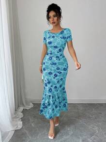 Elenzga Váy midi họa tiết hoa thanh lịch của Pháp có viền xếp nếp tay ngắn - Màu xanh lam - Xem 4