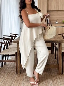 Weeklong Bộ 2 món áo dây mảnh màu trơn cỡ lớn và quần dài, thời trang cho mùa hè - Màu be - Xem 3