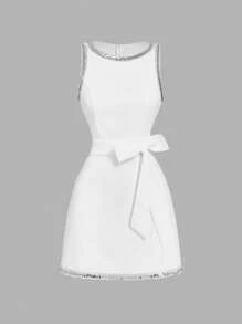 SHEIN MOD Abito mini aderente senza maniche con colletto a girocollo e fiocco, vestito primaverile/estivo da donna, elegante, casual, bohémien, outfit per concerti country, outfit per rave e festival, vestito bianco con paillettes, vestito con fiocco, outfit per compleanni da donna, outfit da festival, stile vecchio denaro