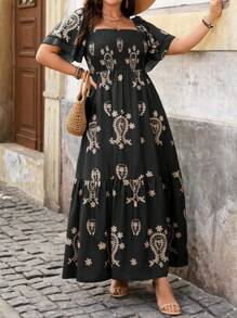 SHEIN LUNE 大码女式休闲印花简约日常连衣裙（随机印花）长款女装西装 - 黑色 - 查看 1