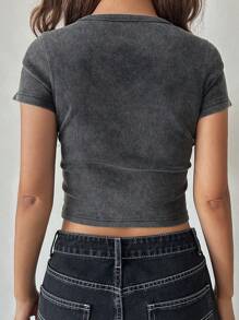 DAZY 女士钻石图案撞色圆领修身 T 恤可爱上衣、图案 T 恤 - 灰色 - 查看 6