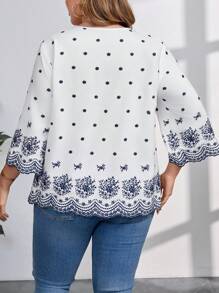 SHEIN Clasi Elegante camicia in taglie comode per donna con ricamo occhiellato e blocchi di colore