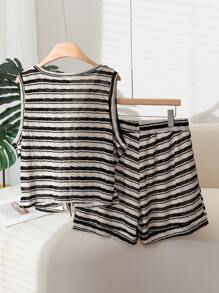 CosyJoli Plus Size Casual Minimal Striped Texture 2Pcs Set, Tank Top + Shorts, Suitable For Loungewear And Everyday Wear - Black and White - View 2