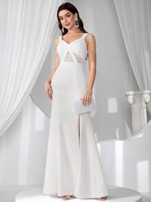 Coutiva Robe de soirée élégante avec ornements de chaîne, cadeau de remise des diplômes, robe de cérémonie pour femmes, robe longue, design perlé, sequins, robe d'été à bretelles pour femmes, robe de soirée, pour invités de mariage - Blanc - Voir 7