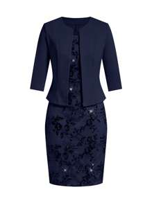 Ellevyn 2pcs Women Sequin Party Dress & Fitted Short Sleeve Outerwear Set Navy Blue