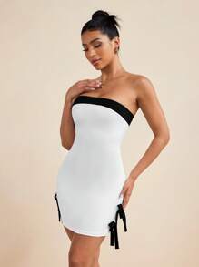 LUNA B White Black Contrast Color Bow Detail Strapless Mini Dress Women Sexy Summer Vacation Sundress Dresses For Women Elegant Women Mini Dresses