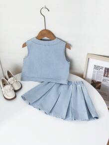 Chaleco vaquero holgado de lavado claro y falda vaquera plisada de cintura elástica completa para niña, conjunto versátil de moda minimalista para uso diario