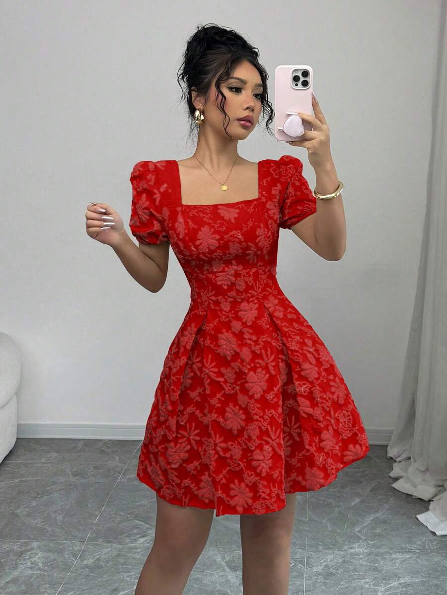 Rafferiza 女士优雅提花纯色泡泡袖方领连衣裙 - 紅色 - 查看 1