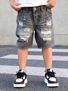 SHEIN Cool And Casual Dark Grey Ripped Denim Bermuda Shorts For Young Boys: Stylish Paint Splatter Design For A Modern Look - Dark Grey - View 6