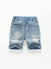 男童复古破洞洗水牛仔短裤，休闲又时尚 - 中等水洗藍 - 查看 2