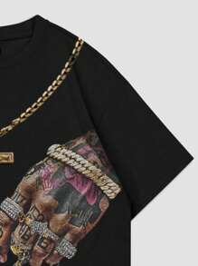 ROMWE MEN Street Life Men's Cross Graphic Print Round Neck Short Sleeve T-Shirt, Suitable For Summer - Black - View 5