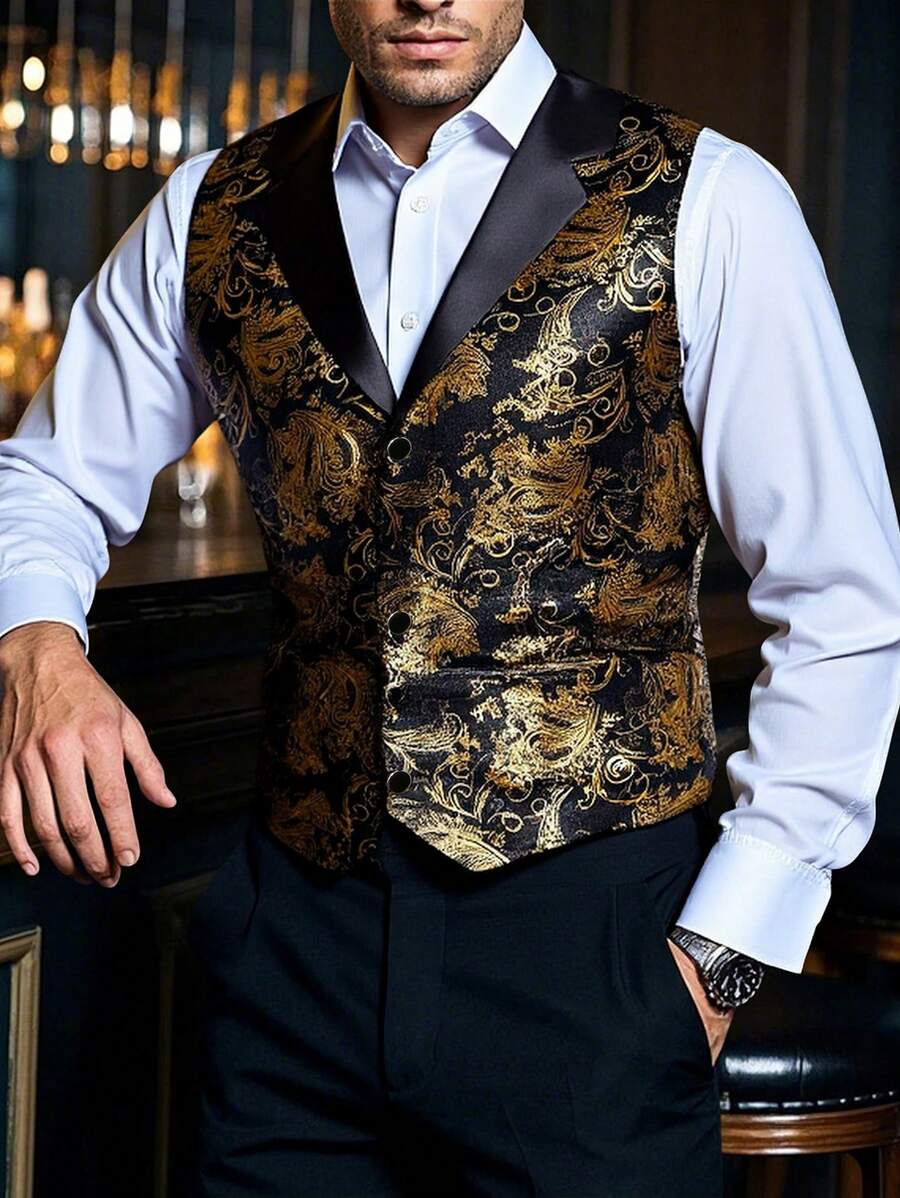 Manfinity AFTRDRK Men's Black And Gold Vest, Fashionable For Formal Occasions