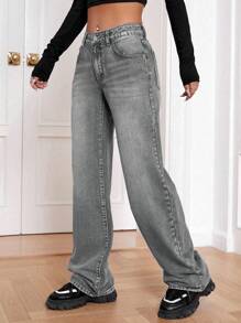 SHEIN EZwear 女士口袋装饰宽腿宽松休闲百搭牛仔裤 - 灰色 - 查看 4