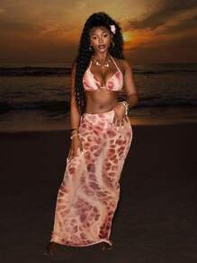 Slaydiva Bộ đồ bơi Tankini hở lưng họa tiết da báo, kẻ sọc và lưới thanh lịch lãng mạn mùa xuân/hè 2025 kết hợp với chân váy maxi bó sát, thích hợp cho tiệc hồ bơi - Màu Khaki - Xem 5