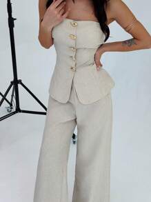 Firerie Women 2 Pieces Set Elegant Minimalist Metal Button Bandeau Top And High Waist Wide Leg Pants In Khaki, Suitable For Office, Leisure, Vacation - Khaki - View 7