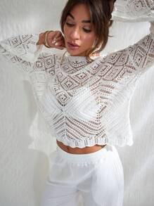 RueChic Femme Cache-col couleur unie à col rond et manches larges avec motif ajouré