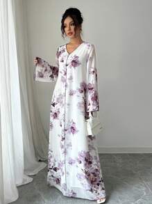 Yasmyna 女士 V 领喇叭袖纯色雪纺花卉度假优雅阿拉伯连衣裙