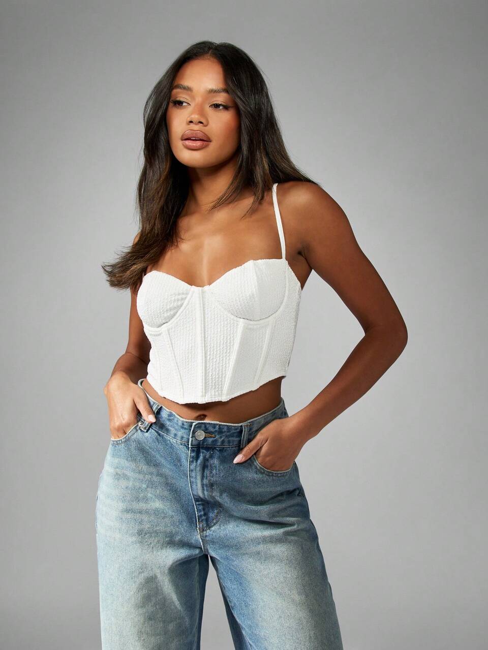 MISSGUIDED Corset Style Bustier Crop Top Ribbed Structured Sleeveless Tank Summer Festival Bralette White Cami Evening Party Club