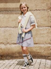 SHEIN Explorewe 青少年女孩学院风撞色条纹 Polo 衫和百褶裙两件套